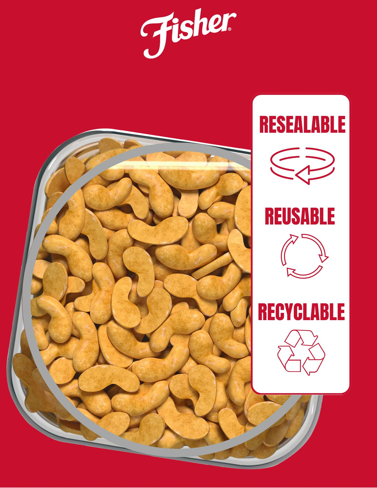 Fisher Snack Cashew Halves and Pieces jar on pantry shelf for quick snacking.