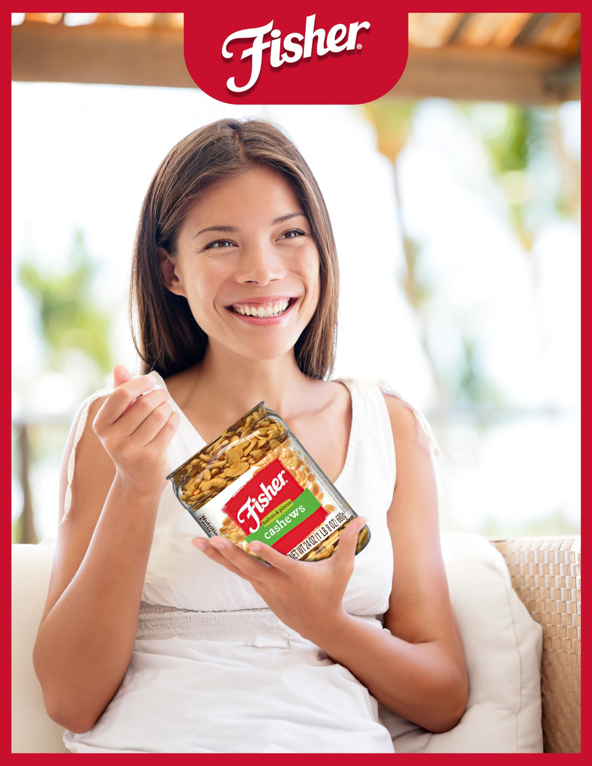 Fisher Snack Cashew Halves and Pieces nutrition label shows copper and manganese.