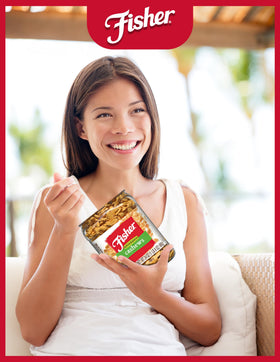 Fisher Snack Cashew Halves and Pieces nutrition label shows copper and manganese.
