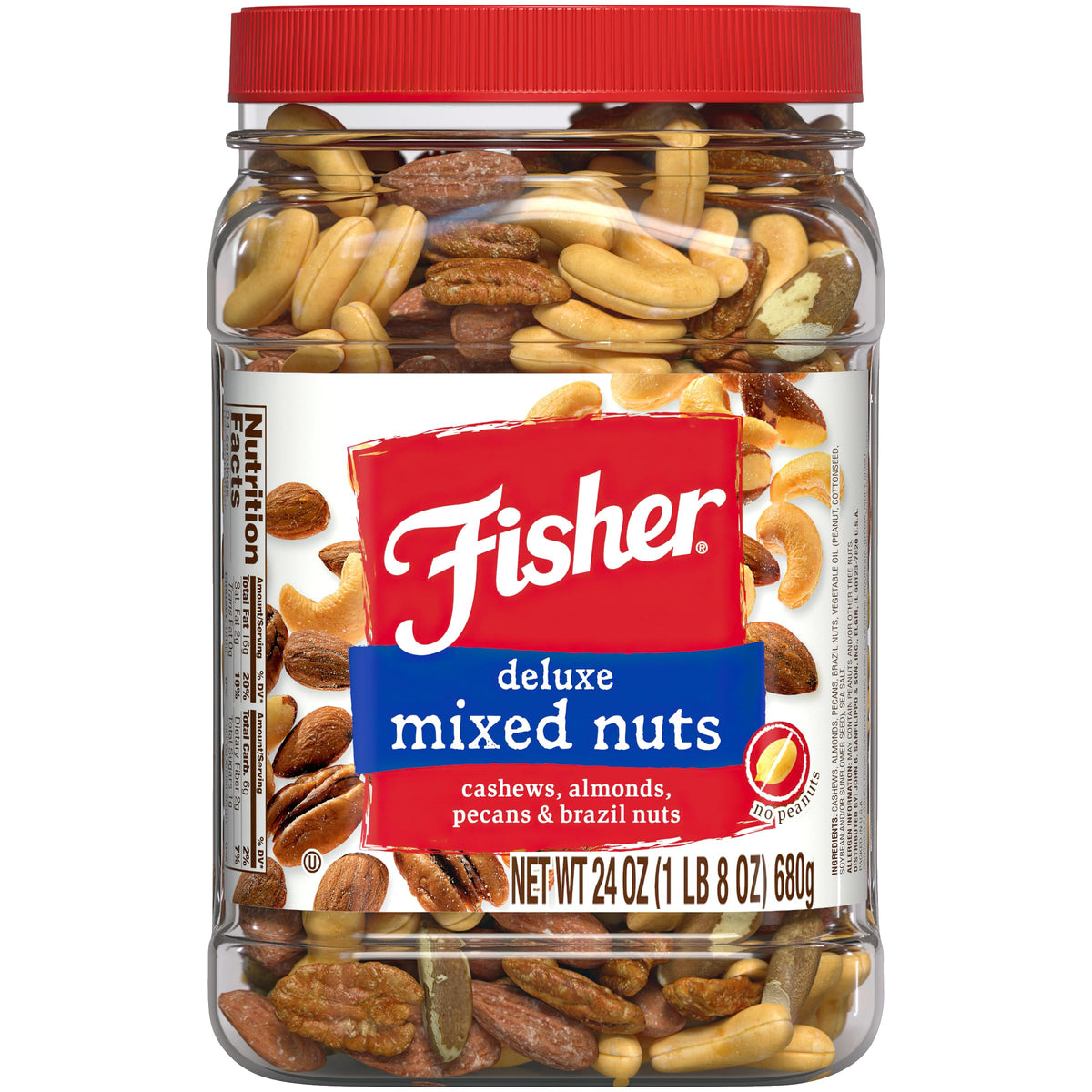 Fisher Snack Deluxe Mixed Nuts in a clear jar ready to enjoy