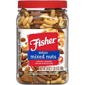 Fisher Snack Deluxe Mixed Nuts in a clear jar ready to enjoy