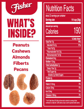 Fisher Honey Roasted Mixed Nuts close-up; rich texture and golden honey glaze.