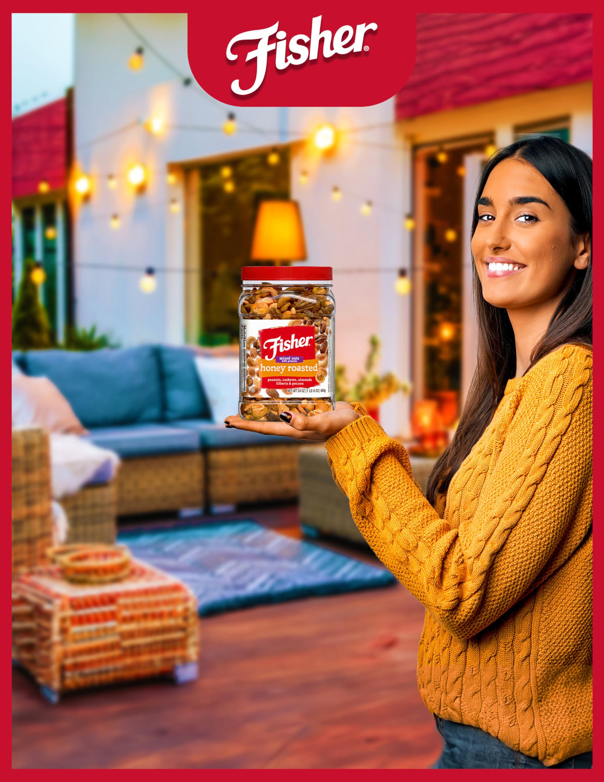 Fisher Honey Roasted Mixed Nuts handful; shareable crunch at gatherings.