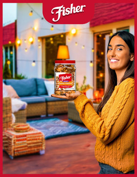 Fisher Honey Roasted Mixed Nuts handful; shareable crunch at gatherings.