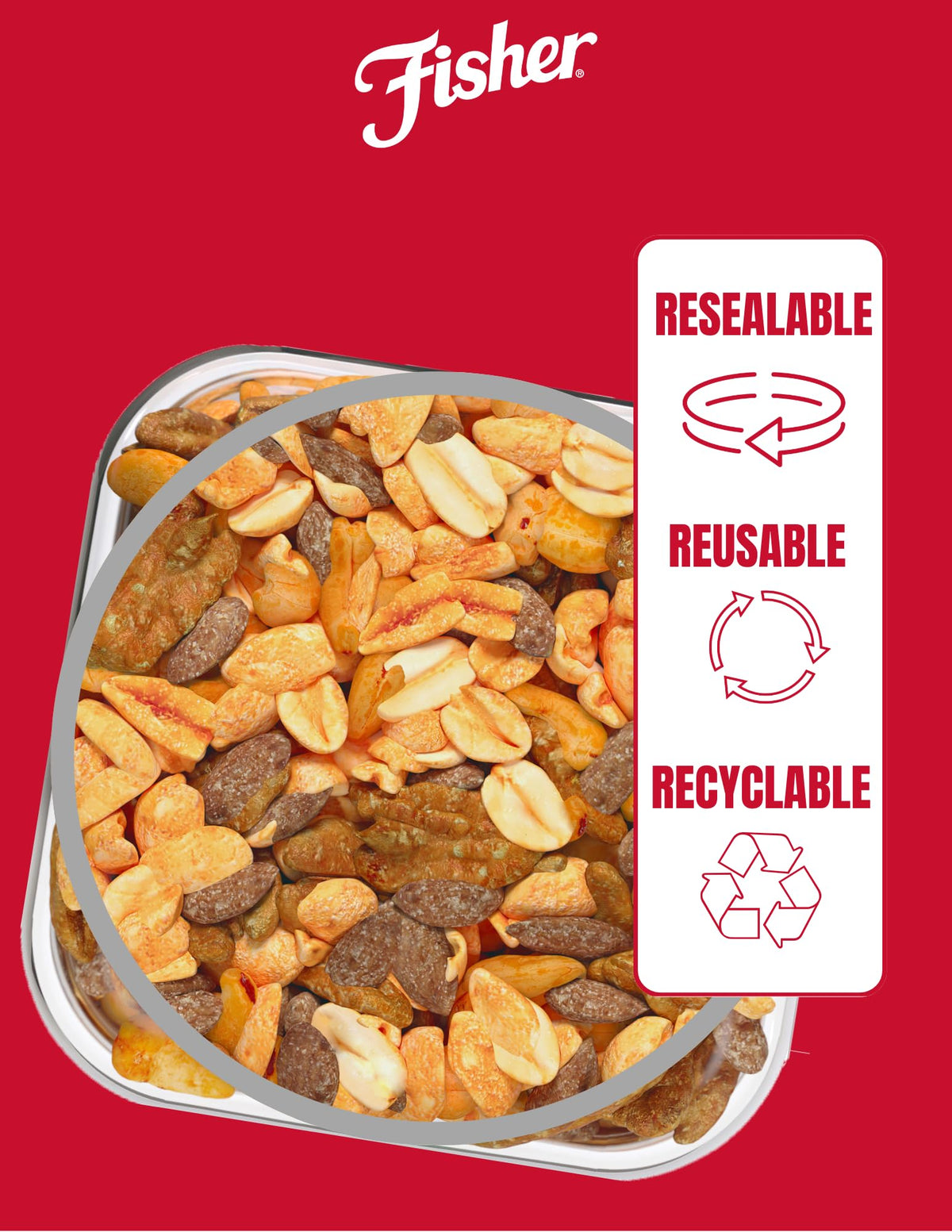 Fisher Honey Roasted Mixed Nuts in a bowl; perfect for on-the-go snacking.