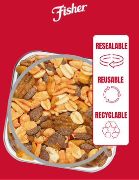 Fisher Honey Roasted Mixed Nuts in a bowl; perfect for on-the-go snacking.