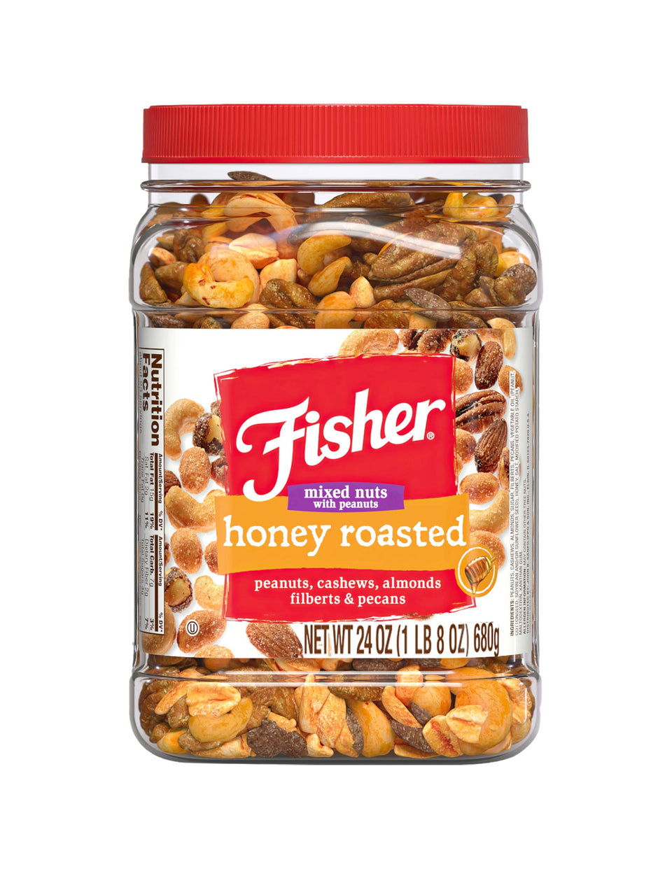 Fisher Snack Honey Roasted Mixed Nuts in a jar; premium blend for convenient snacking.