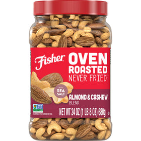 Fisher Oven Roasted Almond & Cashew Blend in a 24 oz jar for pantry snacking.