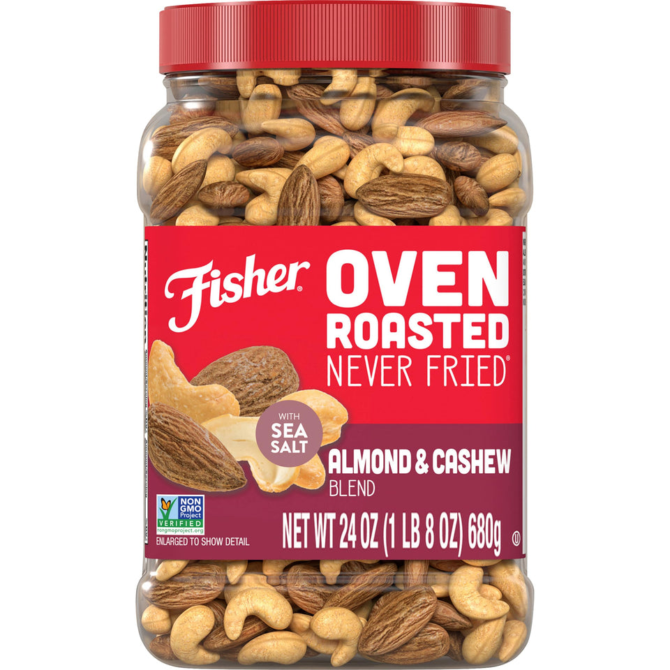 Fisher Oven Roasted Almond & Cashew Blend in a 24 oz jar for pantry snacking.