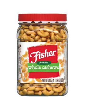 Fisher Snack Premium Whole Cashews in a jar, showing quality nuts and protein-rich snacking