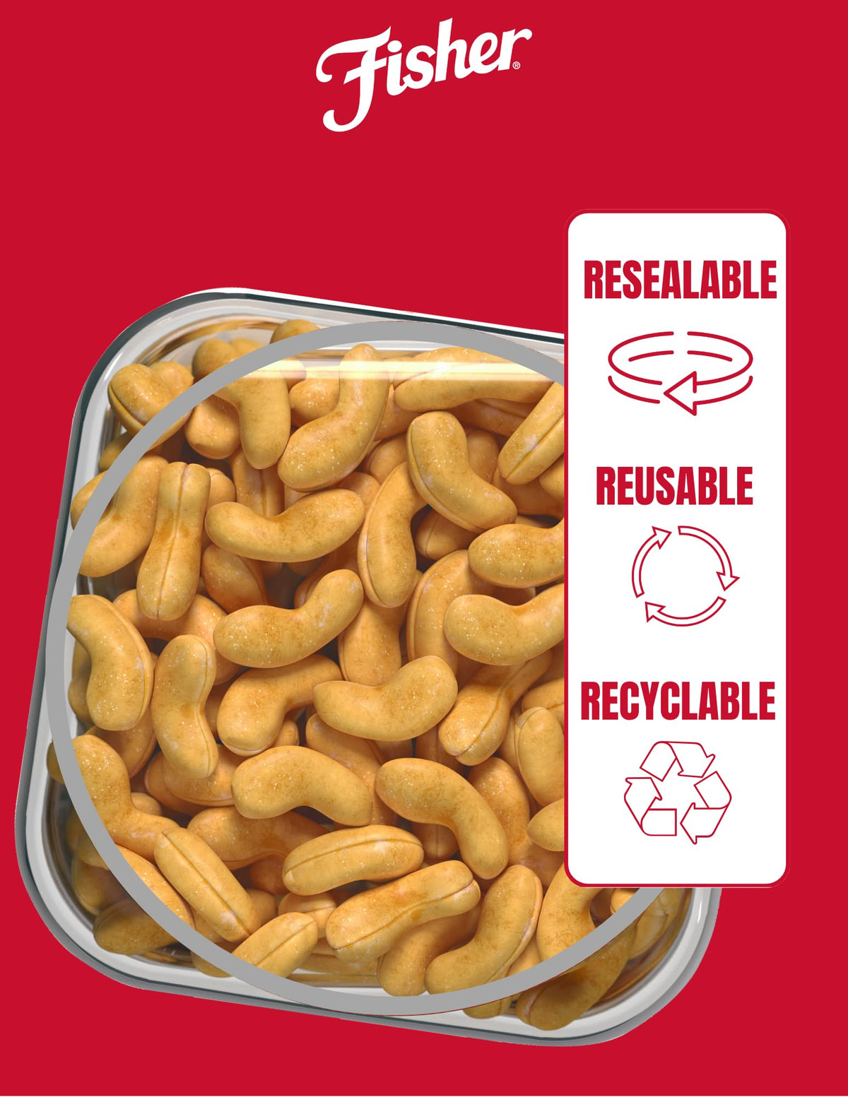 Open jar of Fisher Snack Premium Whole Cashews, displaying generous portion and premium quality