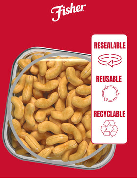 Open jar of Fisher Snack Premium Whole Cashews, displaying generous portion and premium quality