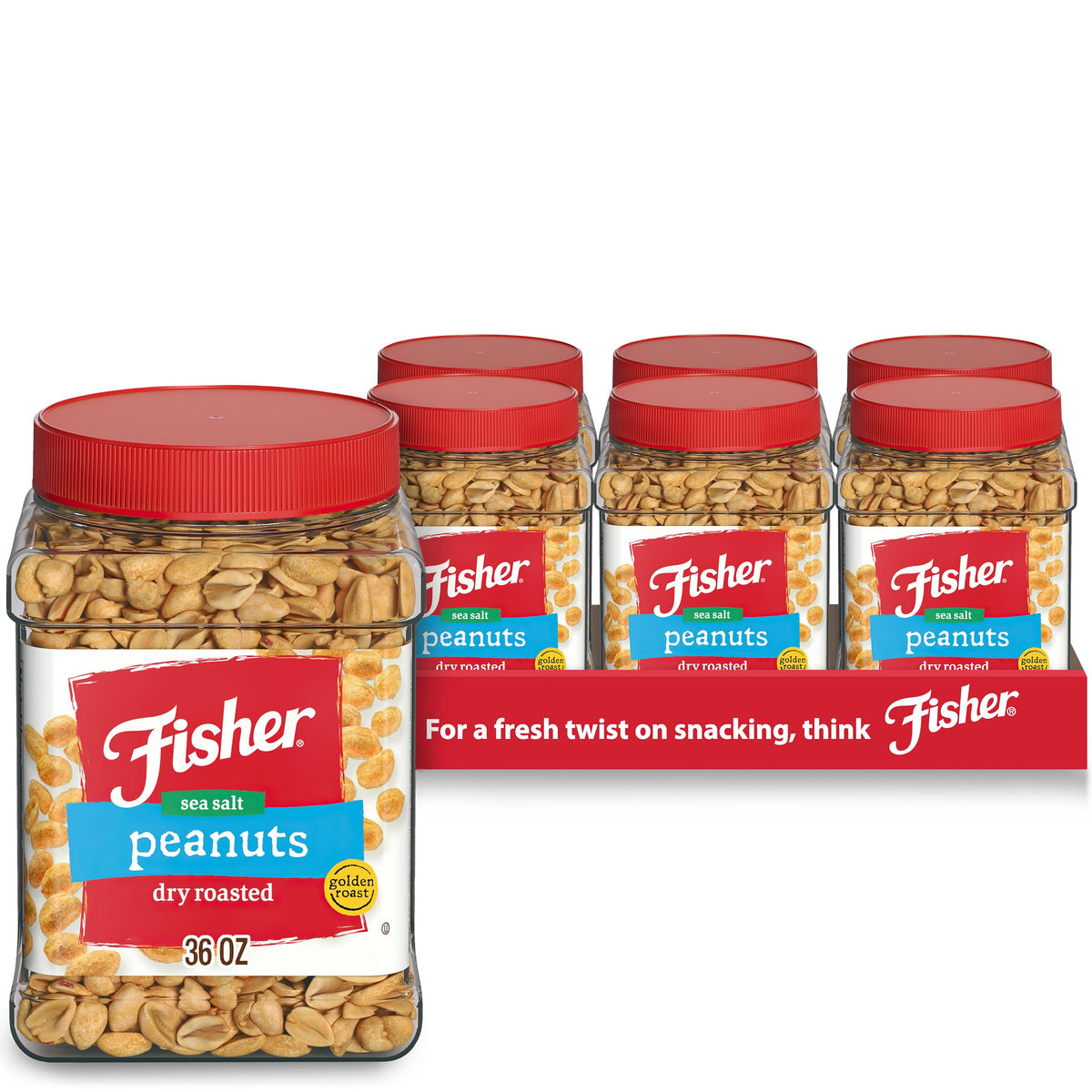 Fisher Snack Sea Salt Dry Roasted Peanuts jar closeup; crisp texture.