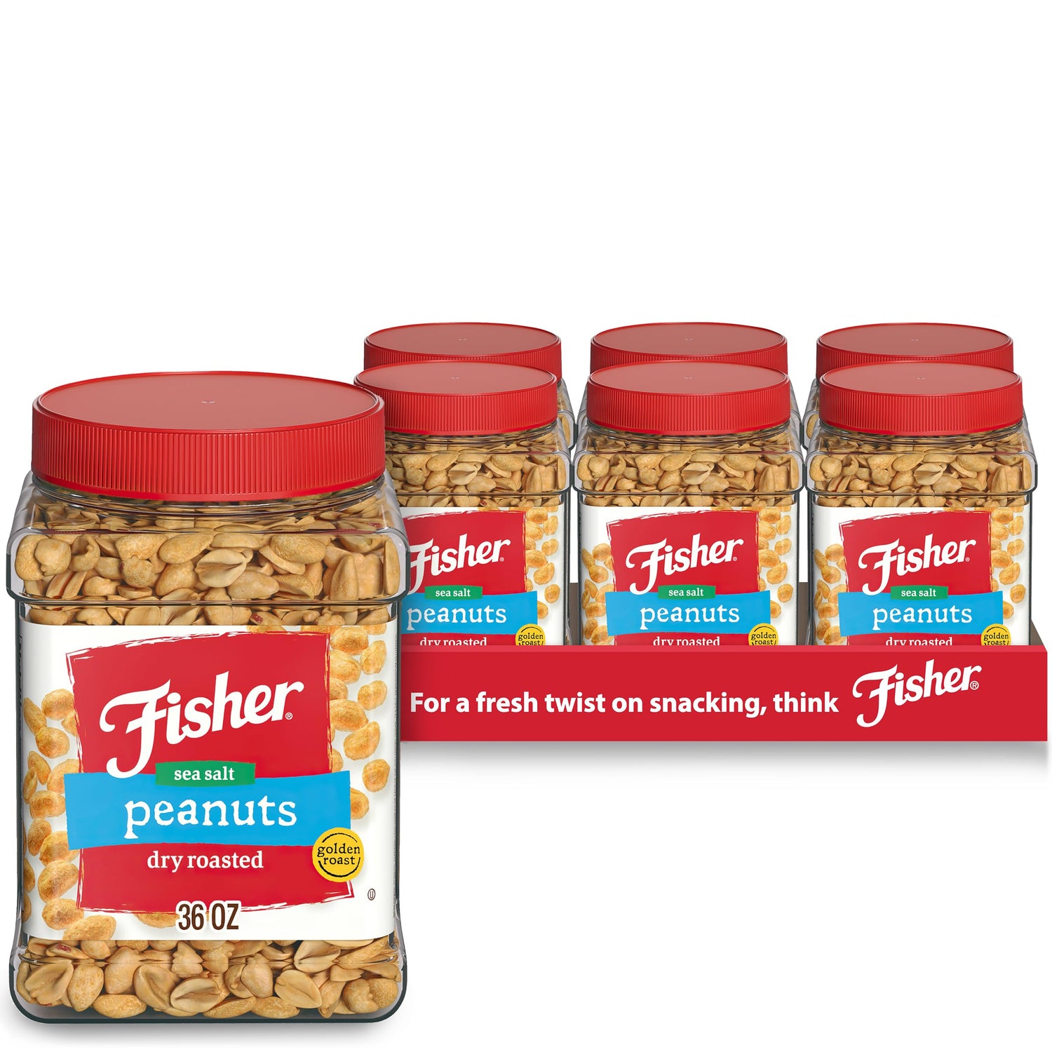 Fisher Snack Sea Salt Dry Roasted Peanuts jar closeup; crisp texture.