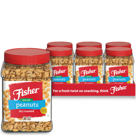 Fisher Snack Sea Salt Dry Roasted Peanuts jar closeup; crisp texture.
