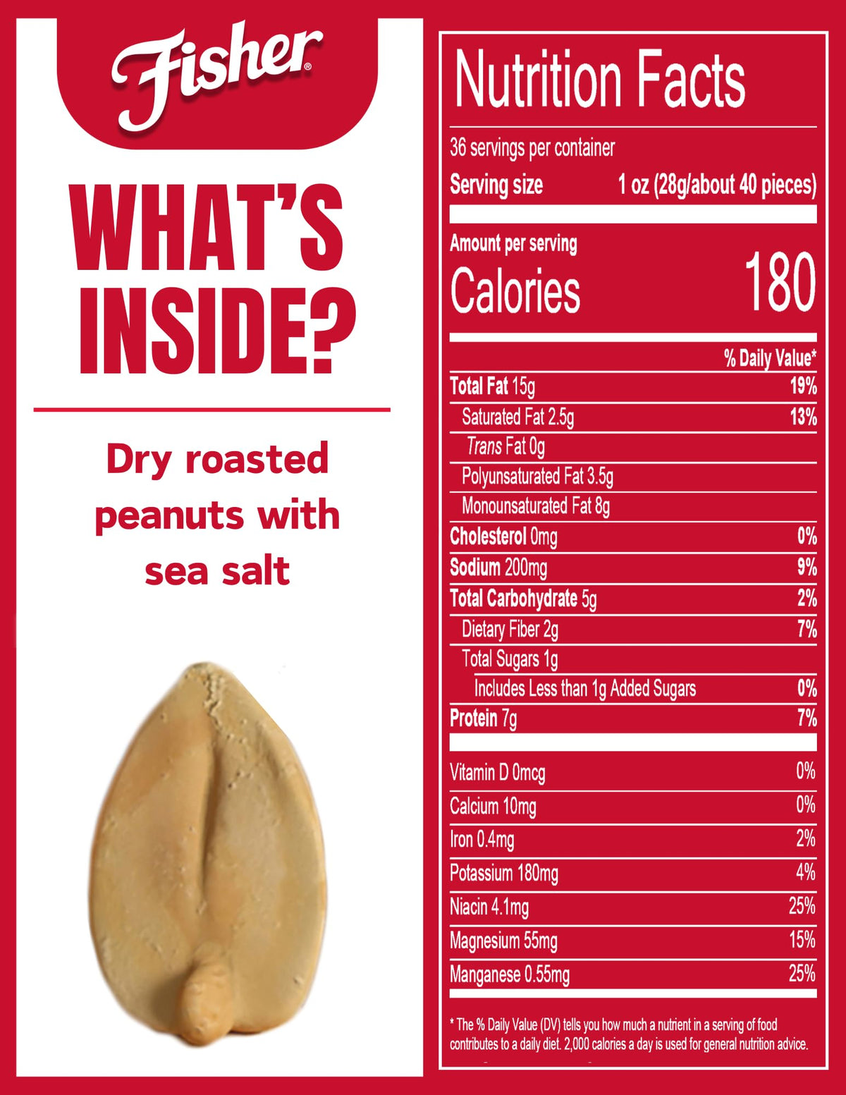 Fisher Snack Sea Salt Dry Roasted Peanuts recyclable jar on kitchen shelf.