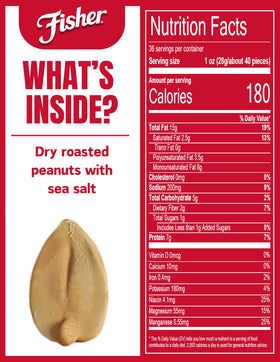 Fisher Snack Sea Salt Dry Roasted Peanuts recyclable jar on kitchen shelf.