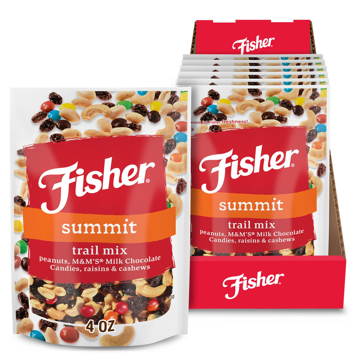 Fisher Summit Trail Mix in a resealable pouch for on-the-go snacking