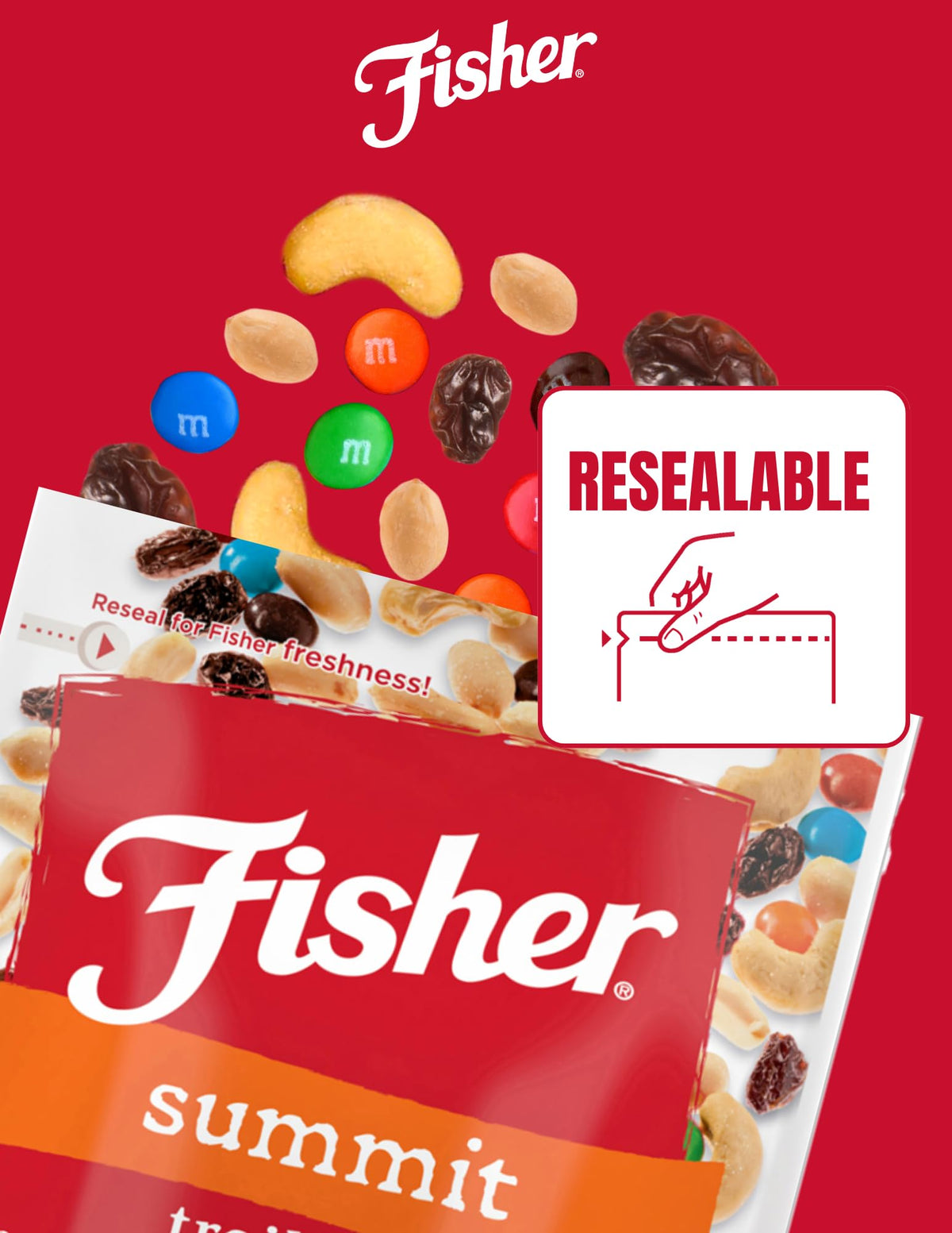 Resealable Fisher Summit Trail Mix pouches preserve freshness