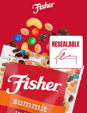Resealable Fisher Summit Trail Mix pouches preserve freshness