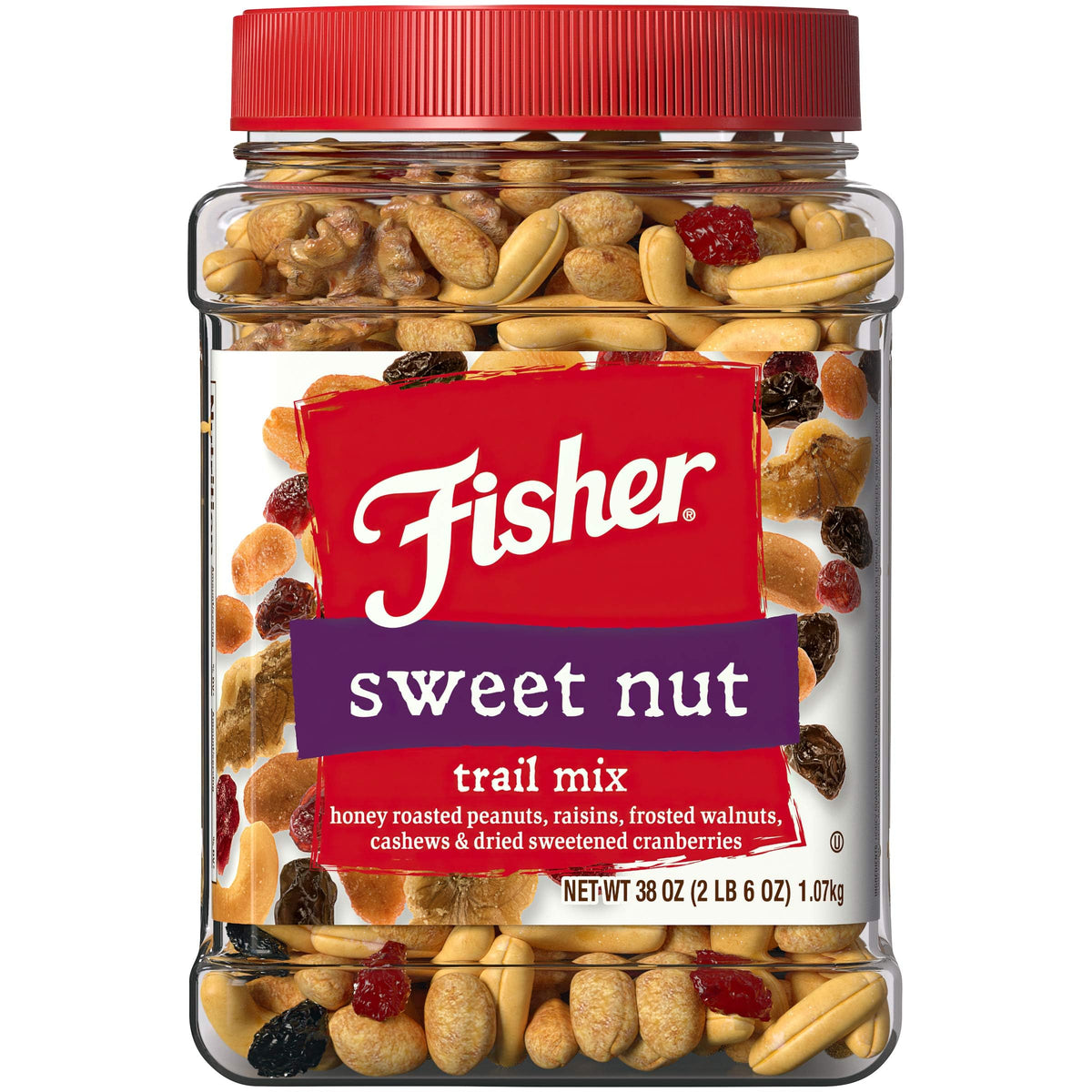 Fisher Snack Sweet Nut Trail Mix canister shown for on-the-go snacking and 38 oz capacity