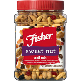 Fisher Snack Sweet Nut Trail Mix canister shown for on-the-go snacking and 38 oz capacity