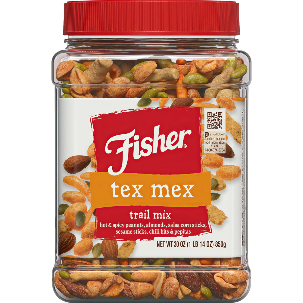 Fisher Tex Mex Trail Mix jar front highlighting bold heat and crunch