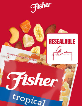 Fisher Snack Tropical Trail Mix almonds and cashews—protein-rich crunch for workouts or after school