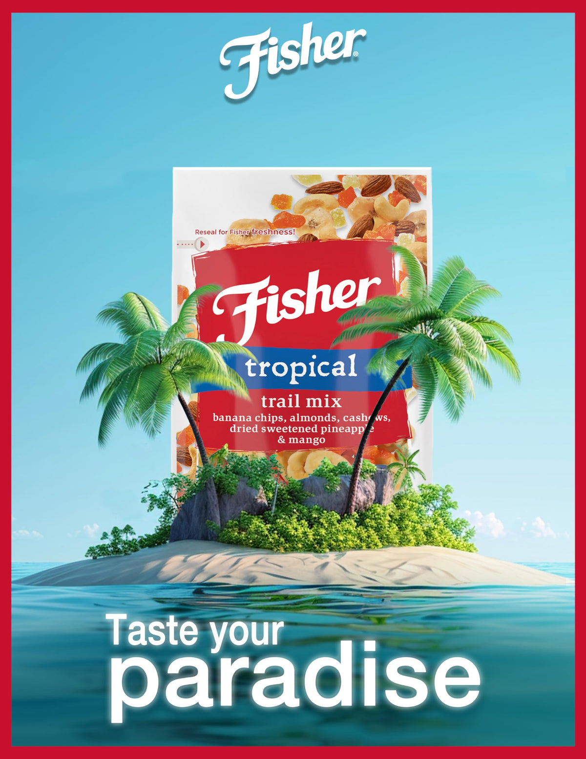 Fisher Snack Tropical Trail Mix resealable pouches—keeps freshness for home or travel