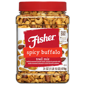 Fisher Spicy Buffalo Trail Mix jar glimpse, convenient snack for gatherings and on-the-go