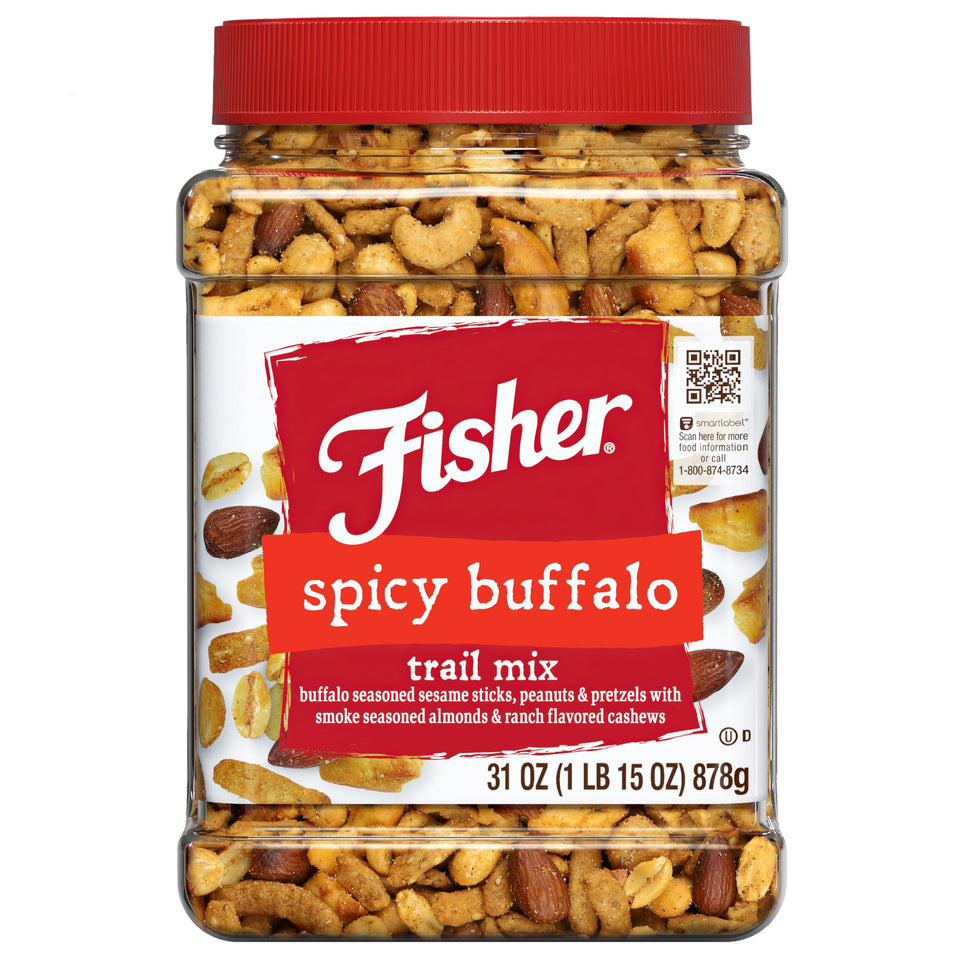 Fisher Spicy Buffalo Trail Mix jar glimpse, convenient snack for gatherings and on-the-go