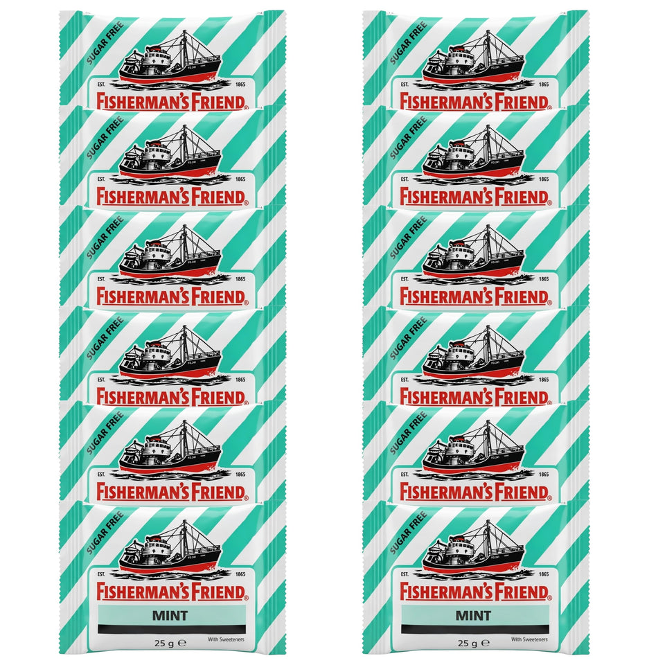 Fisherman's Friend mint lozenges pack 12 front view for on-the-go refreshment.