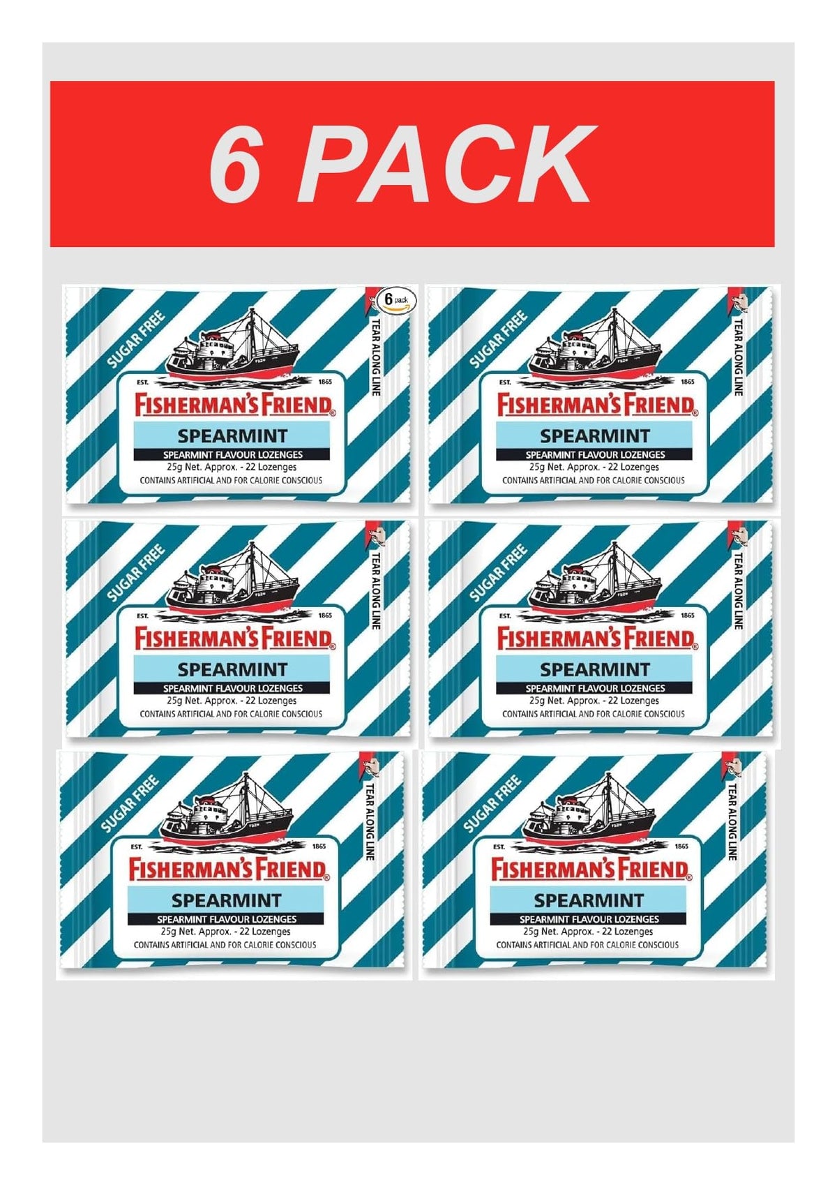 Six-pack Fisherman's Friend sugar-free spearmint lozenges, convenient option