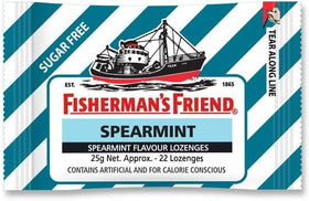 Fisherman's Friend sugar-free spearmint lozenges, front view for easy grab-and-go freshness