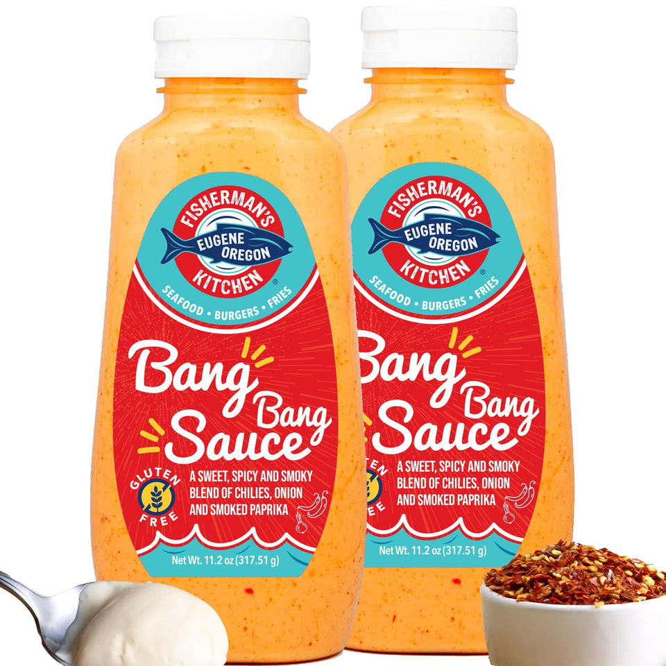 Fisherman's Kitchen Bang Bang Sauce bottle front ready to dip and flavor snacks.