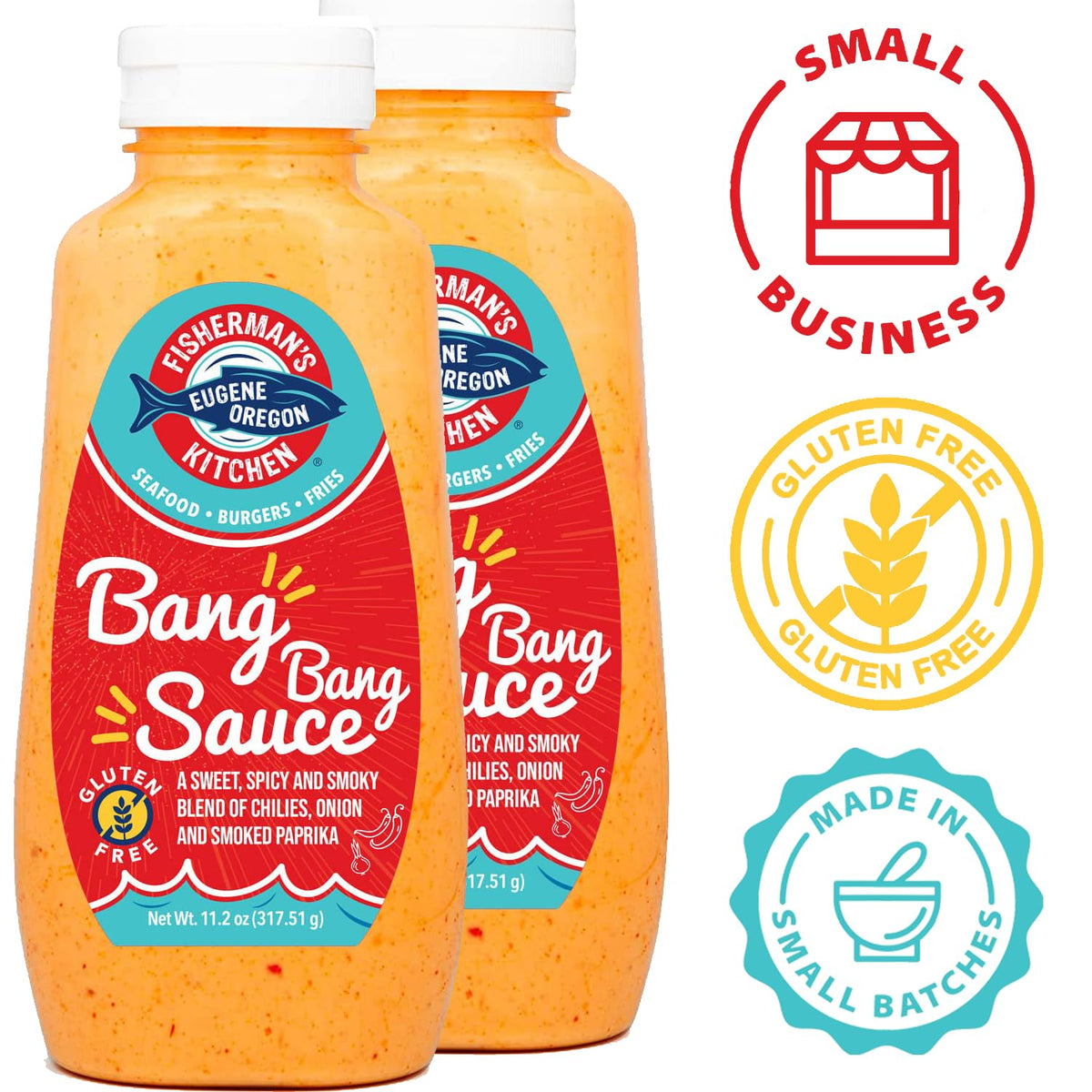 Fisherman's Kitchen Bang Bang Sauce label close-up, highlighting chili and smoked paprika blend.