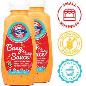 Fisherman's Kitchen Bang Bang Sauce label close-up, highlighting chili and smoked paprika blend.