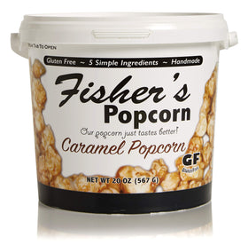 Fisher's Popcorn Caramel 20oz tub, classic snack for sharing during movie nights