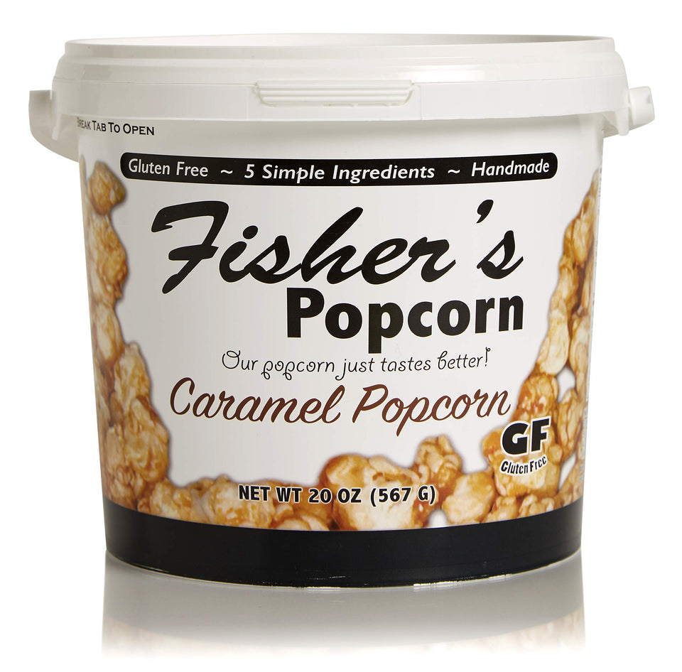 Fisher's Popcorn Caramel 20oz tub, classic snack for sharing during movie nights