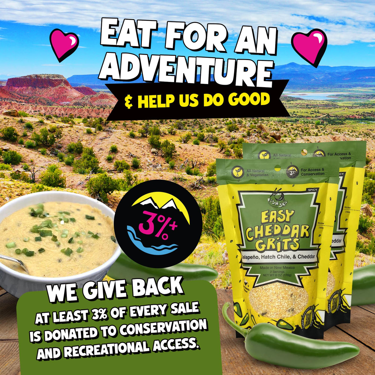 FishSki Provisions camp cooking grits - portable meal option for outdoor adventures.