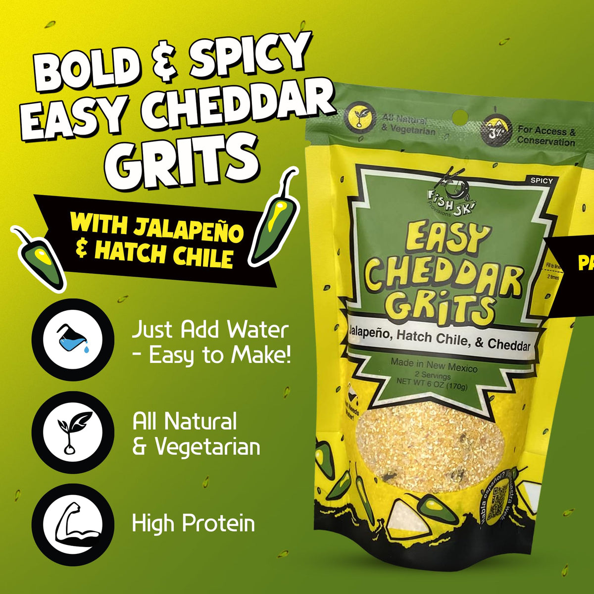 FishSki Provisions jalapeno yellow corn grits bags stacked - convenient 6-pack for easy meal planning.