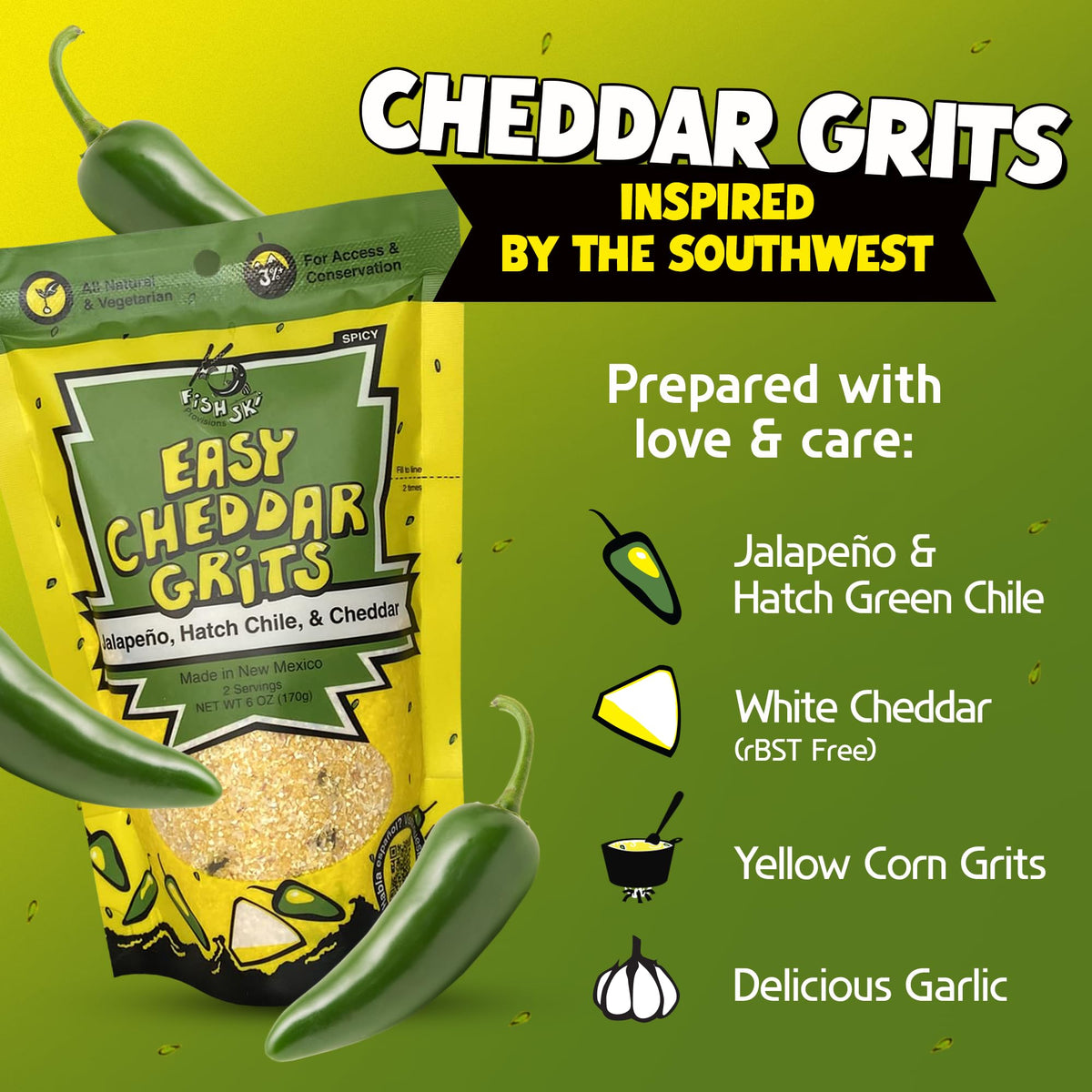 FishSki Provisions jalapeño grits cheddar camping setup for outdoor meals