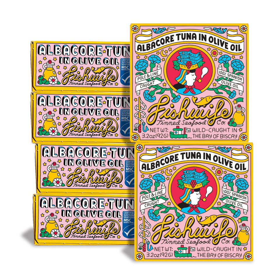 Fishwife albacore tuna in olive oil front view, premium pantry staple for quick meals.