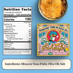 Fishwife albacore tuna can close-up, rich flavor from Spanish olive oil.