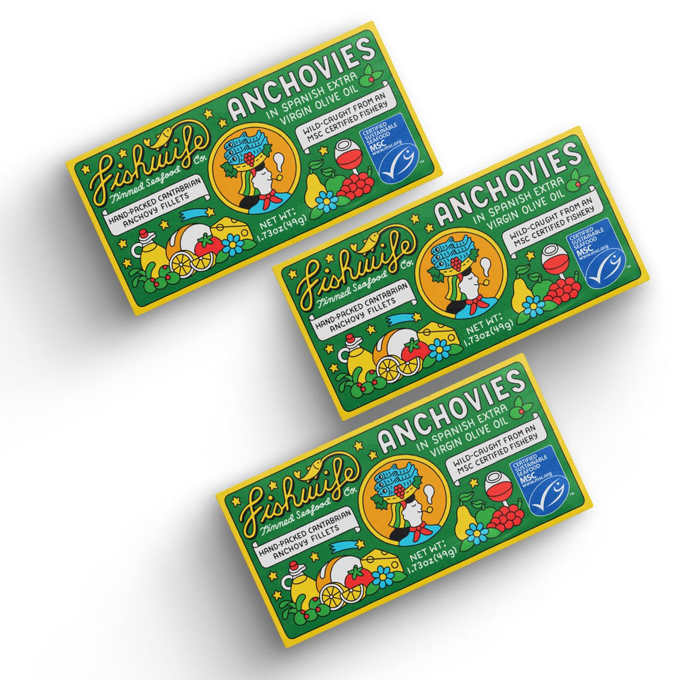 Fishwife Cantabrian anchovies tin with premium olive oil on display