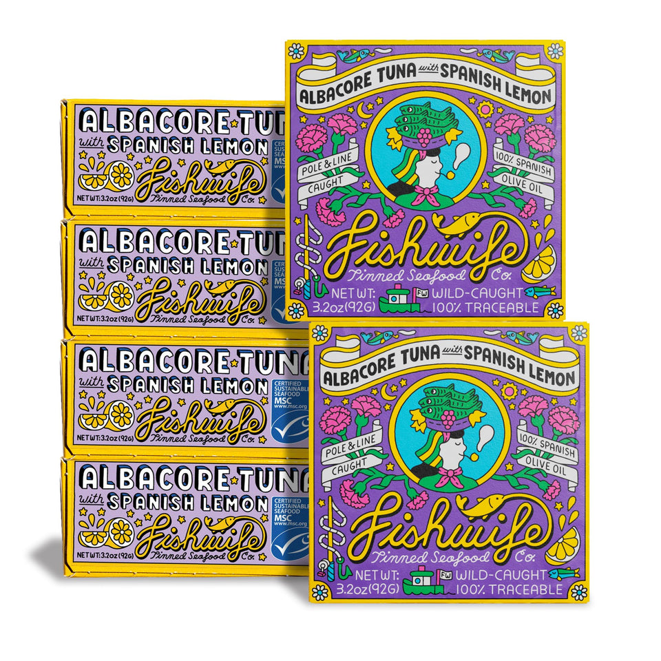 Fishwife Lemon Tuna 6-pack tins ready for quick, protein-rich meals.