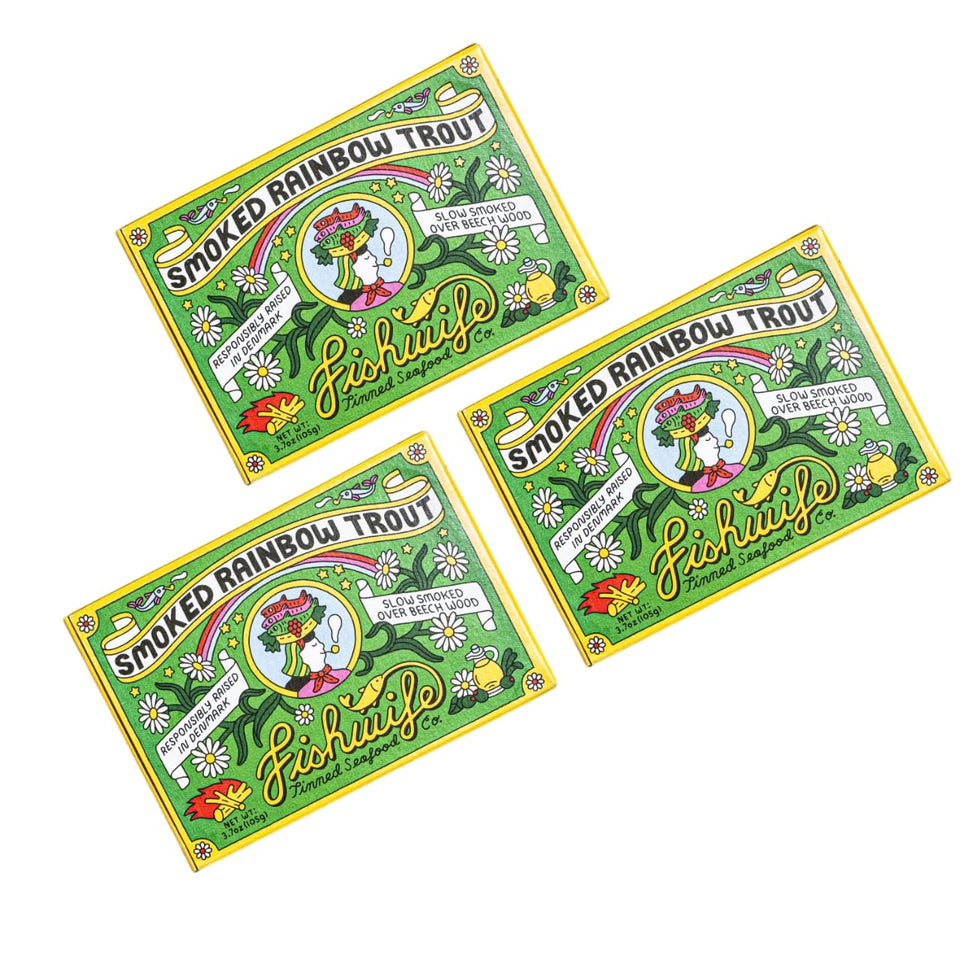 Fishwife smoked rainbow trout tins in olive oil, convenient pantry staple.