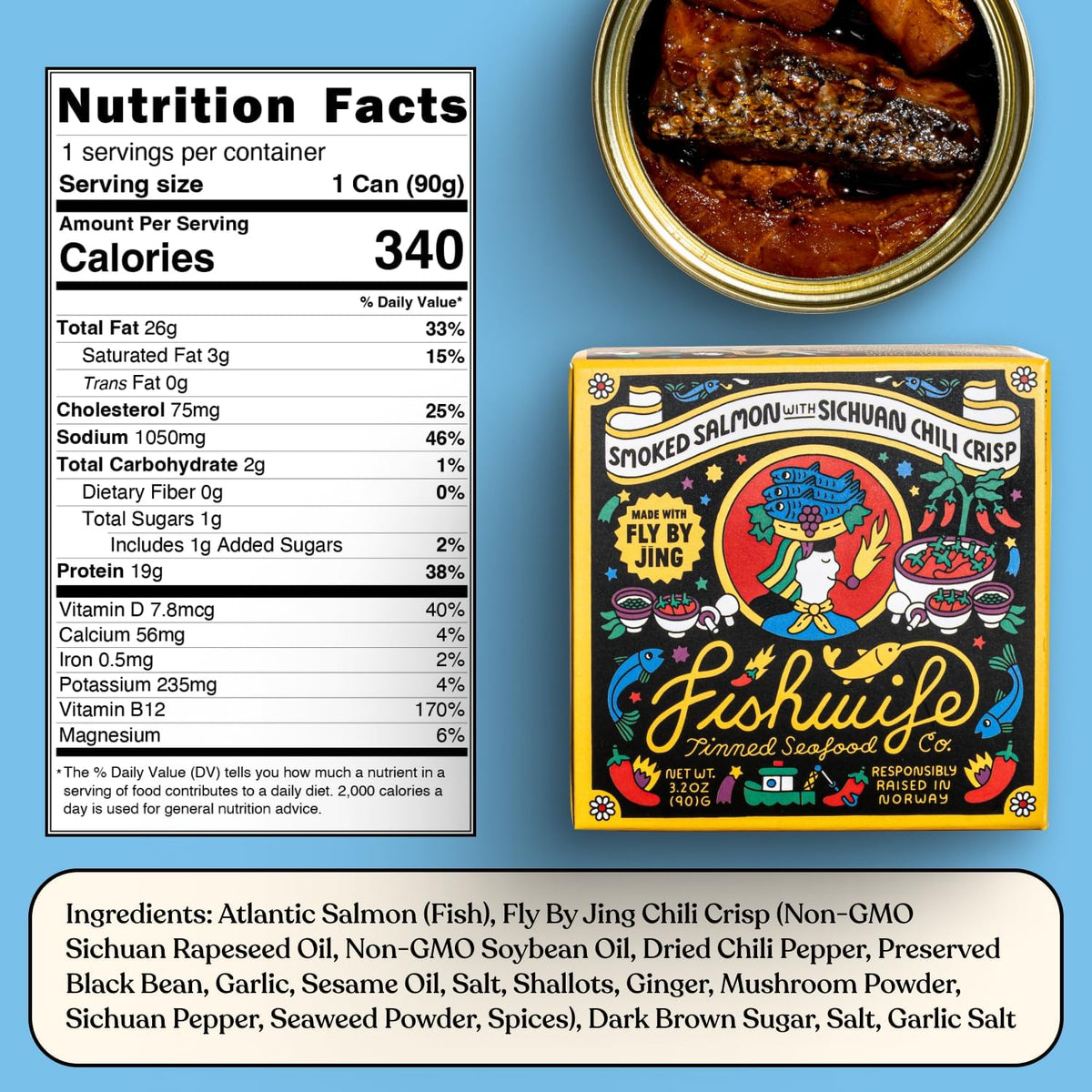 Fishwife Spicy Hot Trio salmon tin closeup, showcasing hand-packed quality.