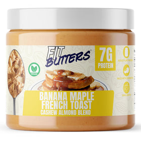 Fit Butters Banana Maple French Toast jar with a creamy spread for breakfast