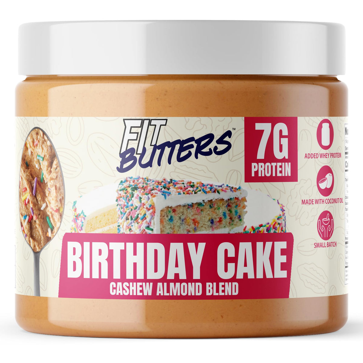Fit Butters Birthday Cake Spread jar with sprinkles for a protein-packed dessert treat.